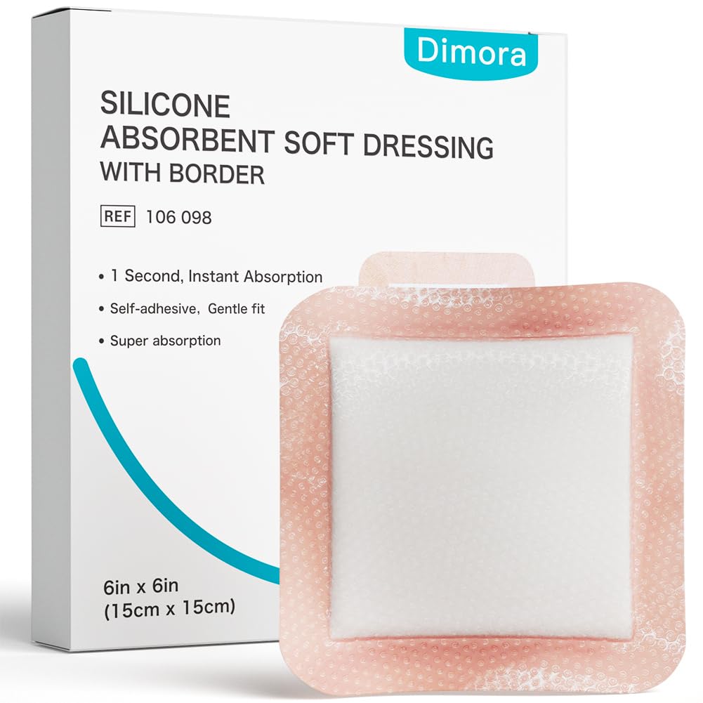Dimps Silicone Super Absorbent Wound Dressings - Gentle Adhesive Bandages with Ultrasorb Polymer,Heavy Exudate Wound Care Pads 6" 1