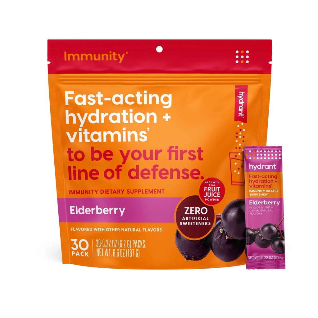 hydront - Immunity Electrolyte אבקת, Elderberry Flavor, 30 Instant Rehydration Stick Packs - Electroyte בלגן עם ויטמין C, ויטמין D, ו- Zinc for Immune Support