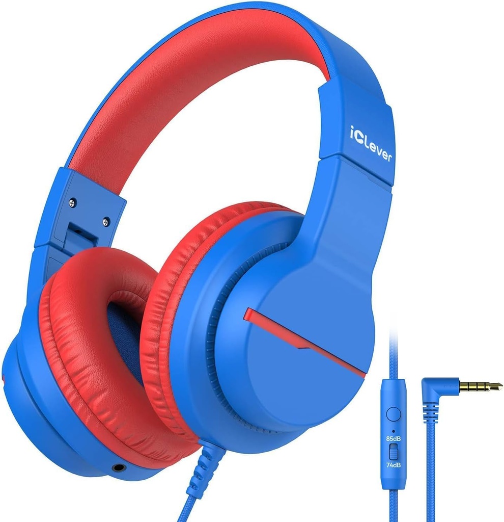 iClever Kids Headphones for School Travel, Safe Volume Limited, HD Mic Stereo Sound Over-Ear Girls Boys Headphones for Kid, FunShare זמין לצפייה ישירה עקבו אחרי iPad Computer, HS19