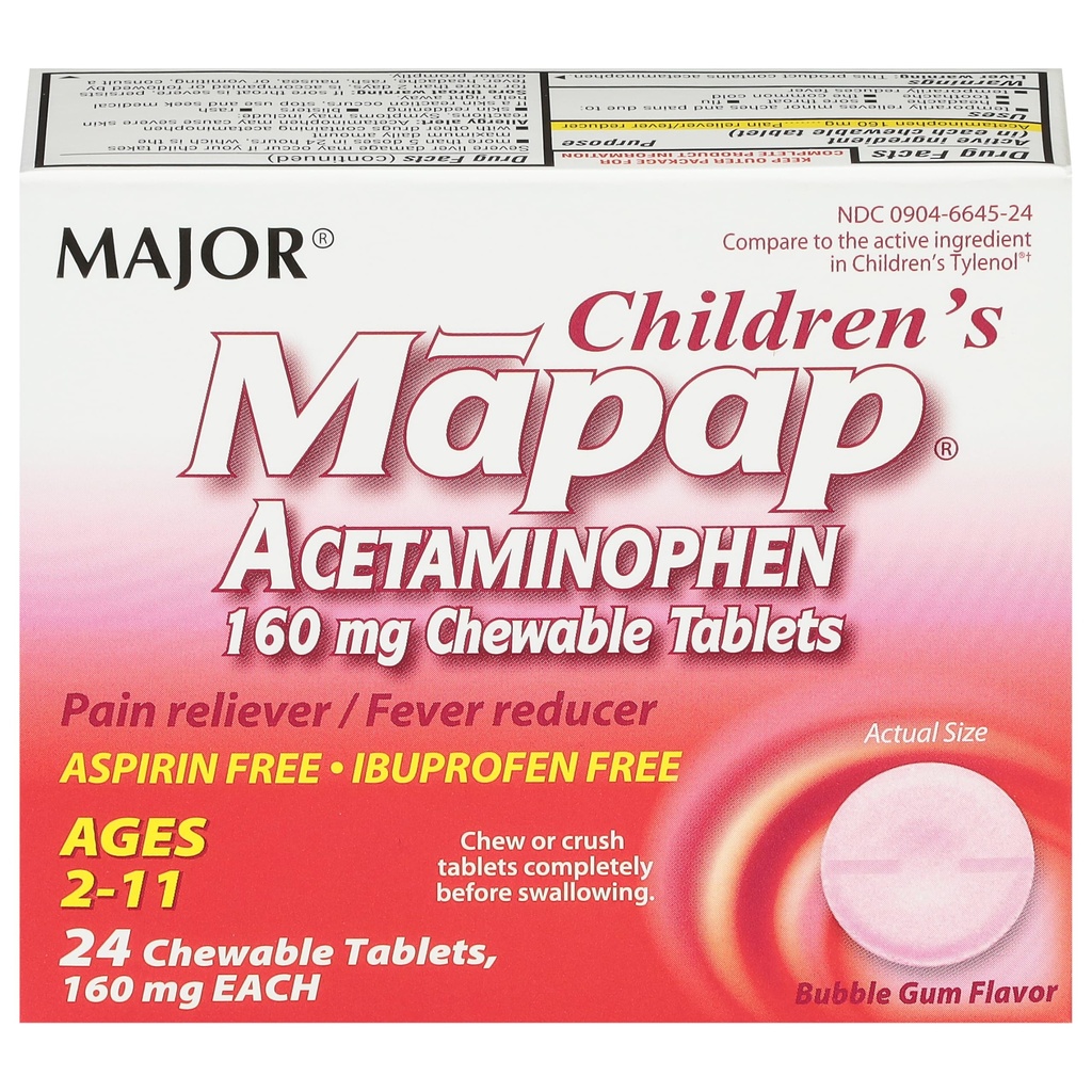 MAJOR Children's Mapap Acetaminophen 160 מ"ג טבליות Chewable - Pain Reliever / Fever מופחת - Aspirin חינם - Ibuprofen חינם - עבור ימי 2 עד 11-24 הרוזן (1 Pack)