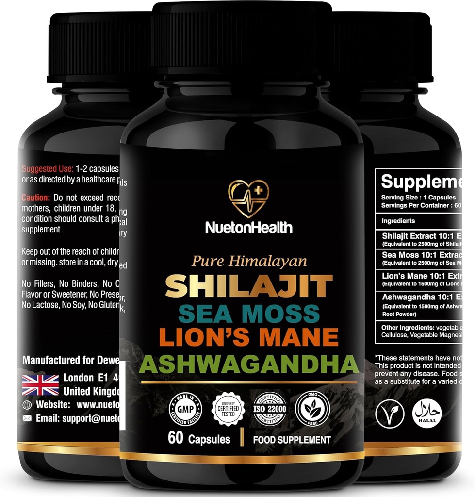 Shilajit, Sea Moss, Lion's Mane, ואת Ashwagandha קפסולות - מקיף את All-in-One תוסף בריאות עבור המוח, גוף ו Vitality - 60 קפסולות טבעוניות