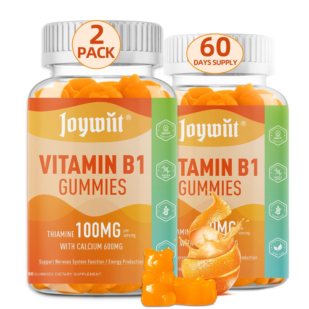 ויטמין B1 מסטיק 100 מ"ג למבוגרים ולילדים, Thiamine B1 תוספת עם 600 מ"ג Calcium, מערכת העצבים תומכת & Boost אנרגיה, Orange Flavor, Non GMO, טבעוני, 120 מסטיקים צ'ויכול