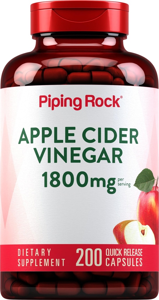 Piping Rock Apple Cider Vinegar כמוסות 1800 מ"ג | 200 גלולות | פורמולה פוטנט | תוסף ACV לגברים ונשים | Non-GMO, Gluten Freeten