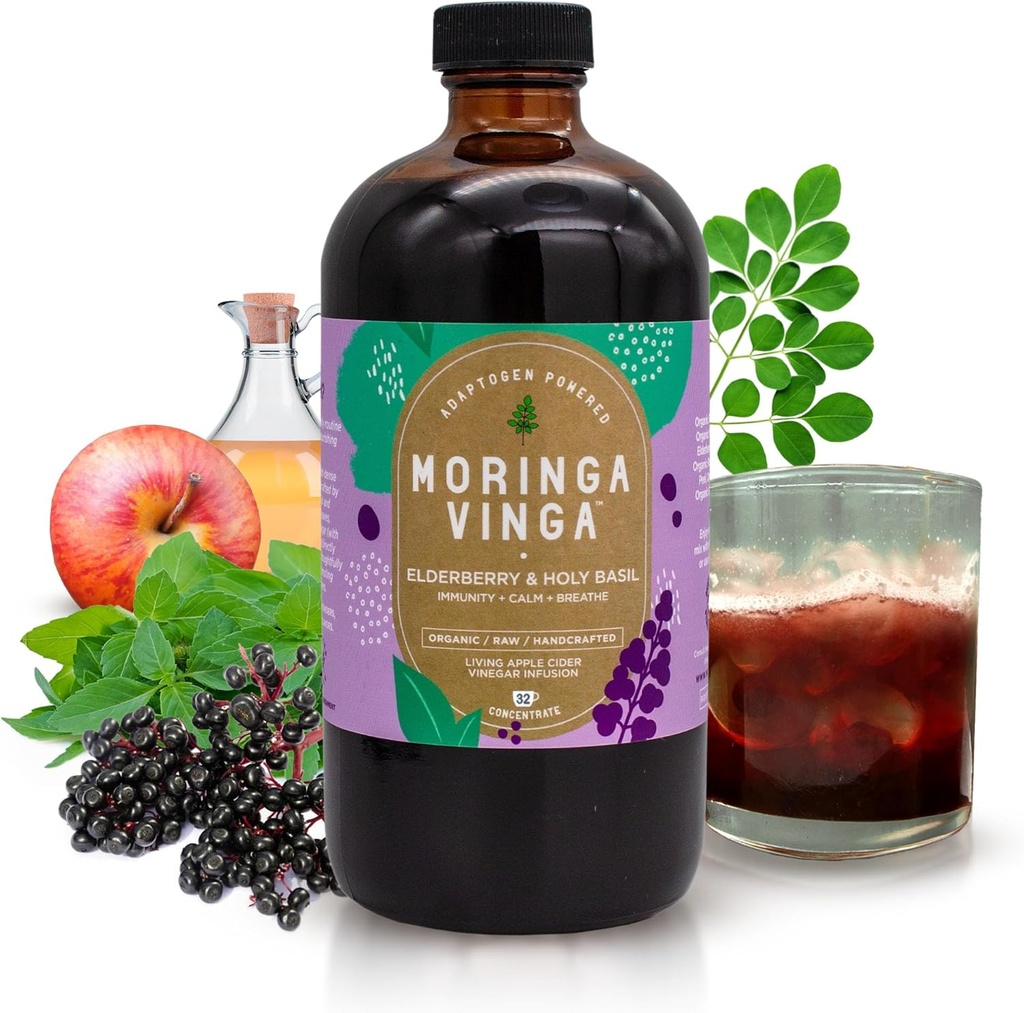 VINGA אורגני Elderberry & Holyזיל Moringa Infusion - Daily Herbal Tonic with Apple Cider Vinegar, ג'ינג'ר, Hibiscus, Honey | תמיכה ב-Immune & Total All