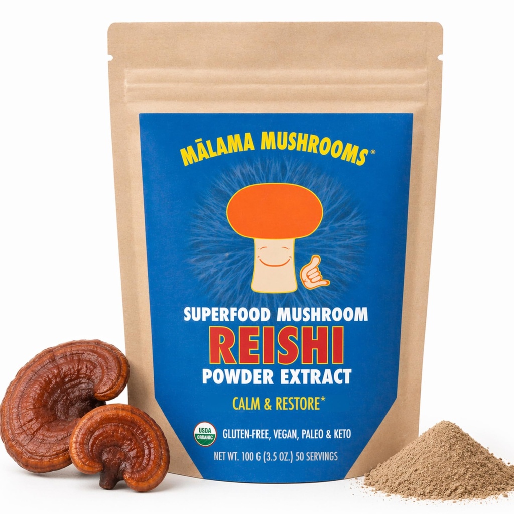 מלאמה אורגני Reishi Mushroom אבקת, תמצית טהורה של גוף פריינג, מזון סופר מתואמת עבור תמיכה במזל ובטיחות, 100 משרתים