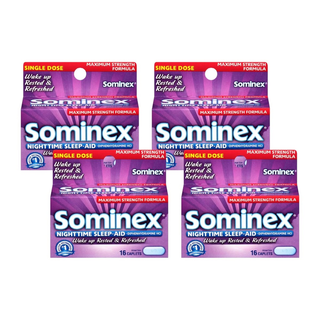 Sominex Nighttime Sleep-Aid Caplets, כוח מקסימלי, 16-Count Boxes (Pack of 4)