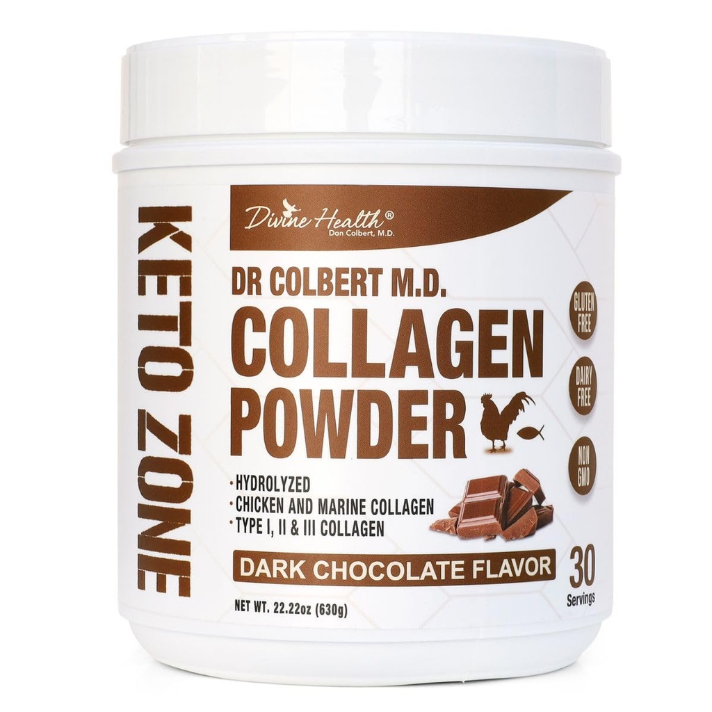 ד"ר קולבר, MD Hydrolyzed Collagen אבקה | שוקולד Flavor | על ידי בריאות אלוהית | סוג I, II, עוף שלישי ו Marine Collagen | Keto Zone | תמיכה שיער, עור, ריחות ופרקים | 630g | 30 משרתים