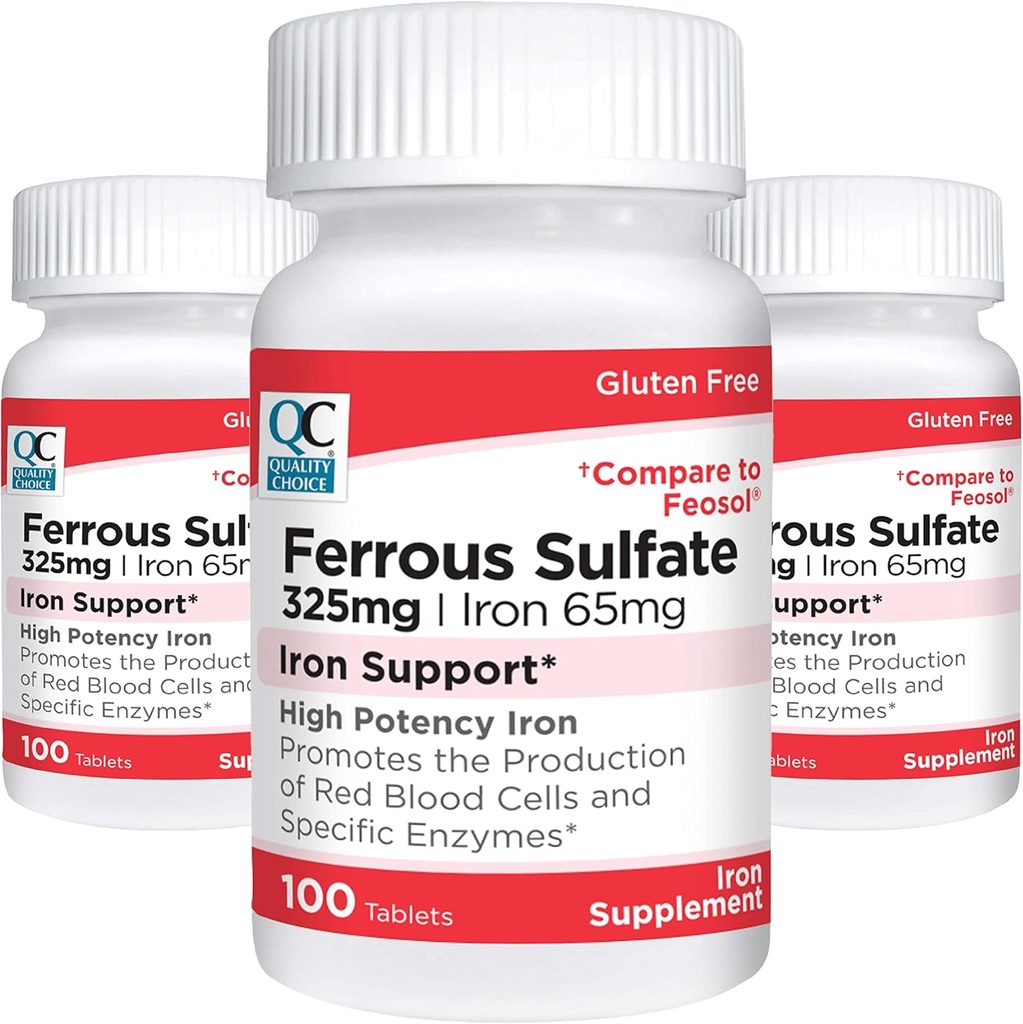 איכות בחירת ברזל 65 מ"ג (325 מ"ג פרייזר Sulfate) גבוה בטיחות ברזל גלולות תוספת טבליות ב 100 Countבקs (3 Pack)