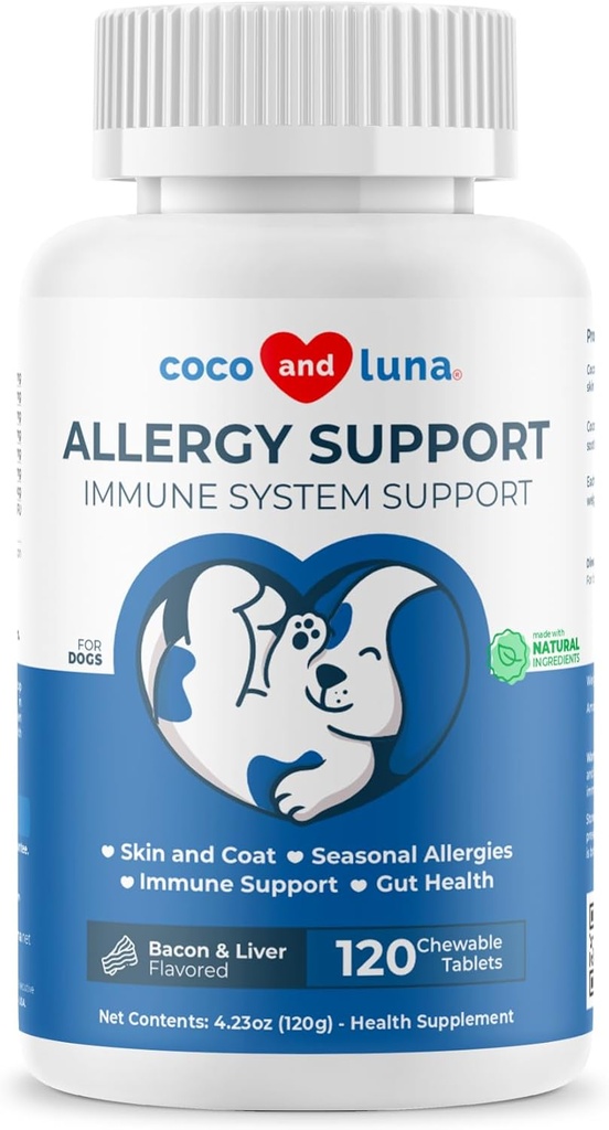 Allergy Support for Dogs - 120 Chewable Tablets - with Vitamin C, Omega 3 and Colostrum - Itch Relief, Allergy Relief for Dogs, Skin Soother - with Probiotics for Immune System Health