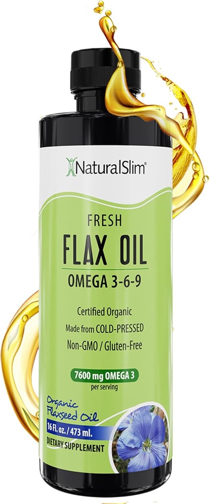 NaturalSlim Flaxseed Oil נוזל טרי טעם פלאקס שמן אורגני קר Pressed & High באומגה 3 6 9 Fatty Acid Flax מצא תוספת עבור תאים בריאים, שיער, עור וציפורים - טעם טרי 16.