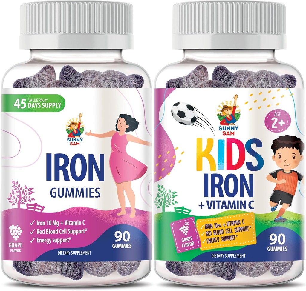 SunNY SAM Iron Gummies לילדים ומבוגרים - ויטמין ברזל עם ויטמין C, 10 מ"ג לשרת - Iron Chewable פירות חניכיים עבור Immune תמיכה Red Blood Cell הפקה