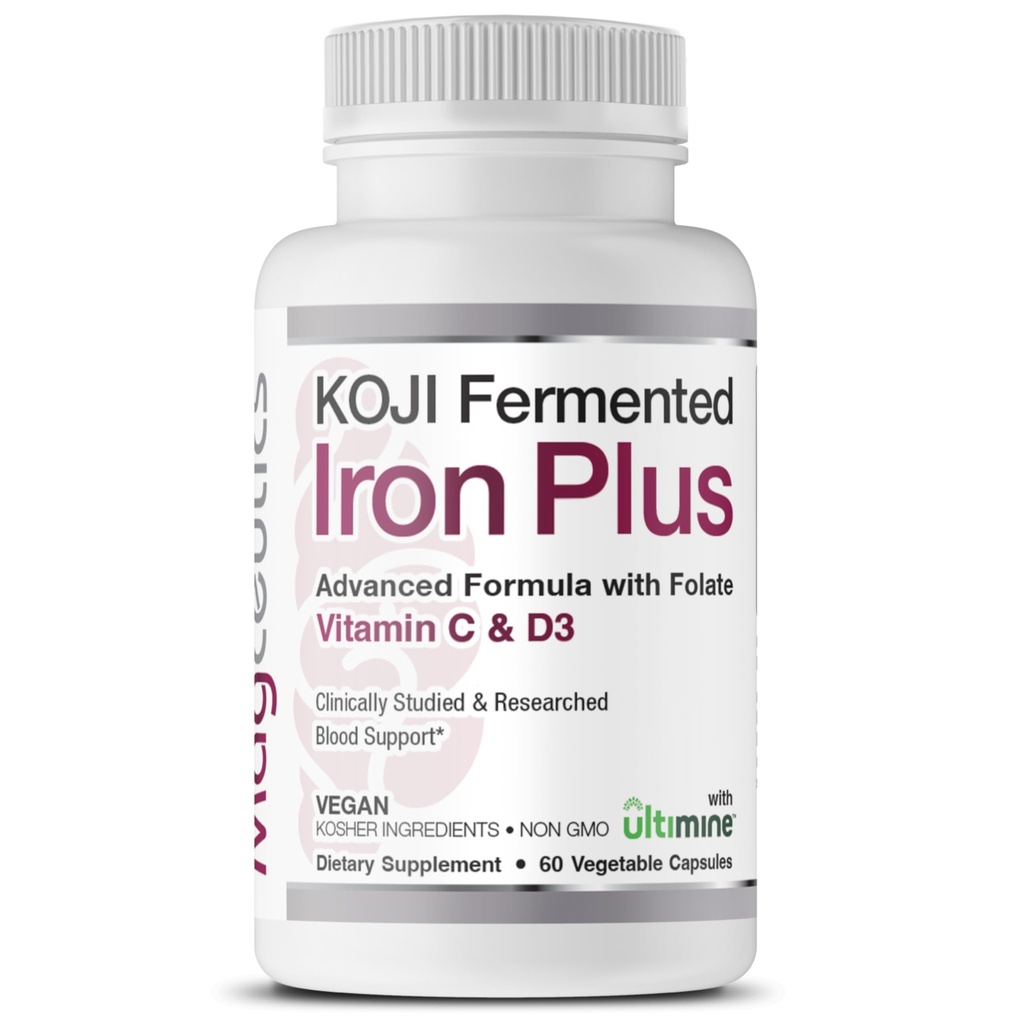 Koji Fermented Iron Plus - תוספת ברזל עם ויטמין C, ויטמין D3 ו Folate לתמיכה בדם, בקלות Absorbed ו bioavailable, Stomach Friendly, טבעוני, non-GMO - 60 קפסולות