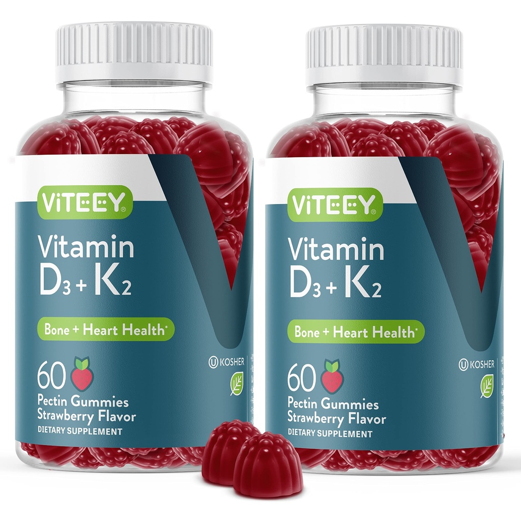 VITEEY ויטמין D3 K2 חניכיים - 1000 IU ויטמין D3 ו-K2 100mcg - Bone & Heart Health for Adults and Teens - Vegetarian, Gelatin Free, GMO Free - Tasty Chewable D3K2 ויטמין Strawberry Flavored חניכיים