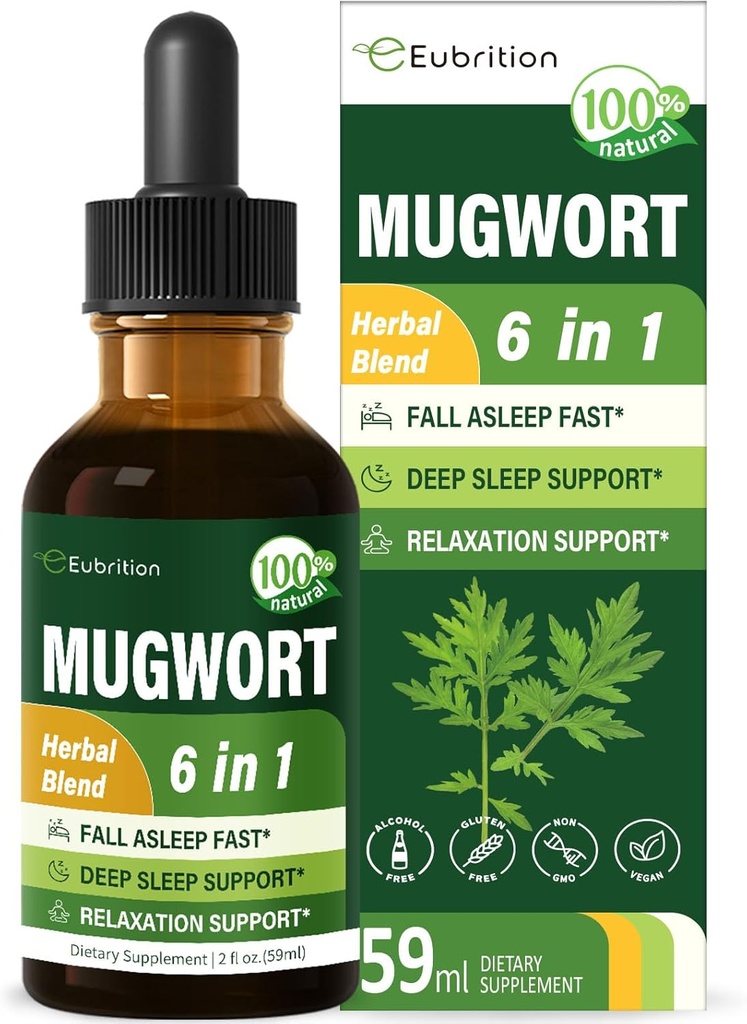 Mugwort Herb נוזל טיפות לתמיכה בשינה, Mugwort Leaves (Artemisia vulgaris) All in 1 פורמולה עבור תמיכה מרגיעה, Herbal תוסף עם ולריאן Chamomile Tulsi Lavender.