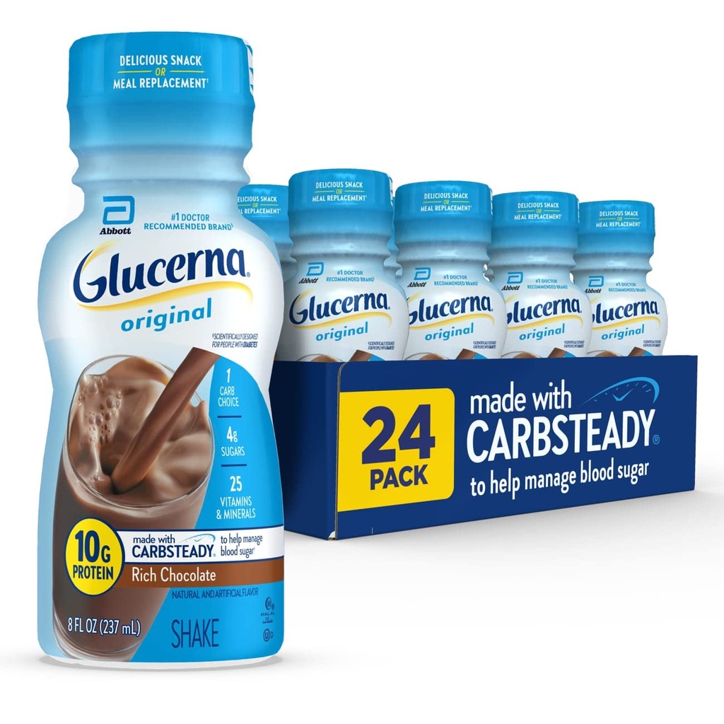 Glucerna Original Diabetes Care Shake, שוקולד עשיר, החלפה סוכרתית לתמיכה בניהול סוכר בדם, חלבון 10g, 180 קלוריות, מוכן לשתות, 8-fl-oz בקבוק, 24 Pack