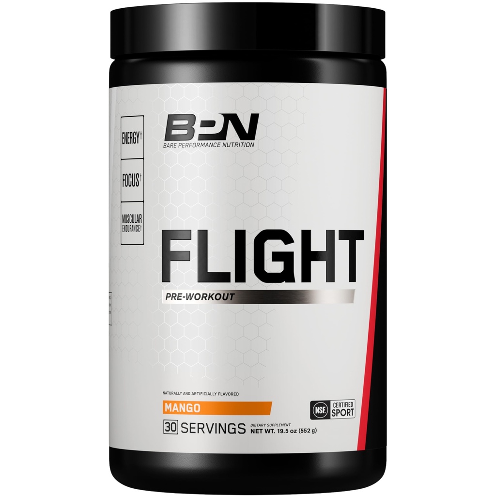 BARE PERFORMANCE NUTRITION BPN Flight Pre Workout, תומך אנרגיה והתמקדות נפשית, שיפור אנדורנס ושומן שרירים עם CarnoSyn® Betaine, מנגו, 30 משרתות