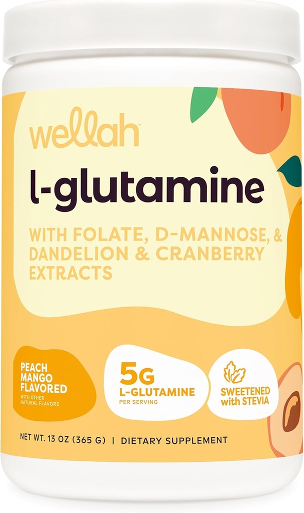 Wellah L-Glutamine Peach מנגו (50 משרתות) - 5g L-Glutamine Per המשרת, מתוקן עם Stevia