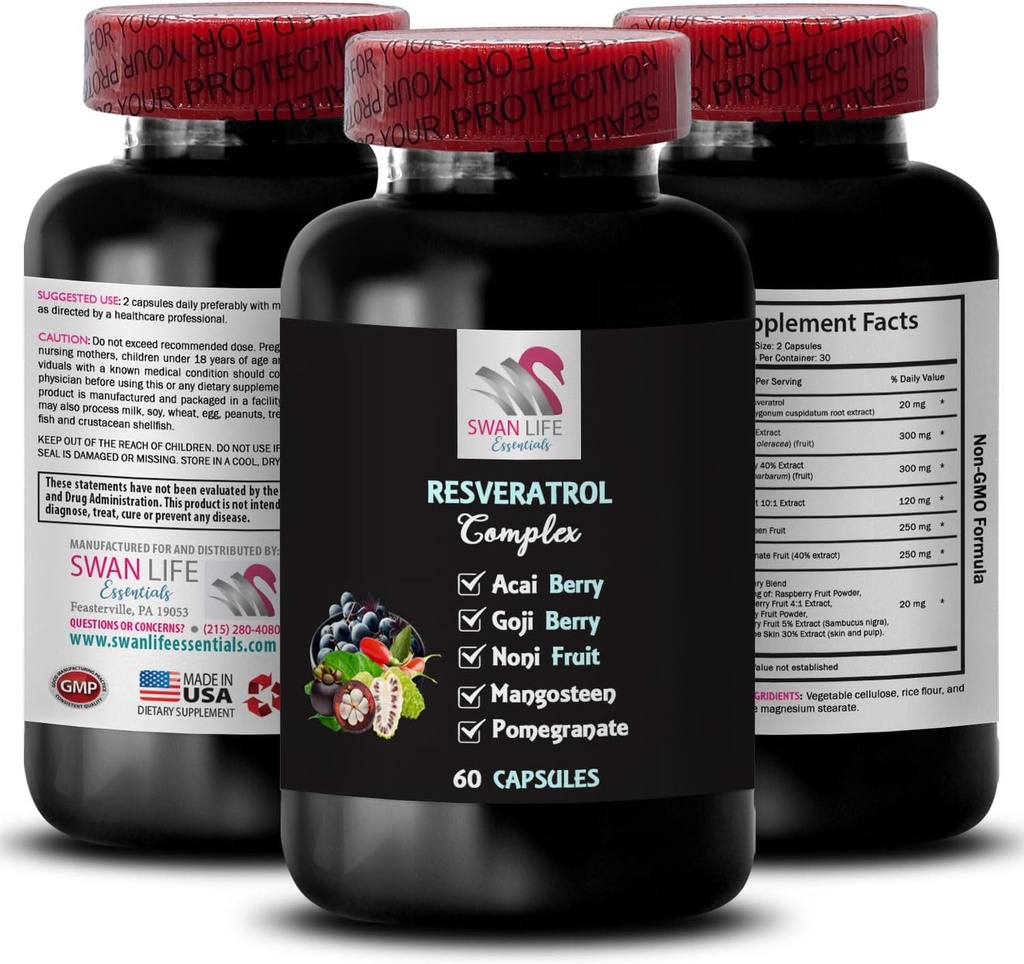 Acent Boost - RESVERATROL COMLEX - ברי הטבות, אנטי-חמצן חזק, Goji ברי תמיכה, כוח מבוגרים, תמיכה יומיומית, אנרגיה מלאה, מזון שלם, אנרגיה פלאמורבית 1 בקבוק 60 קפלס