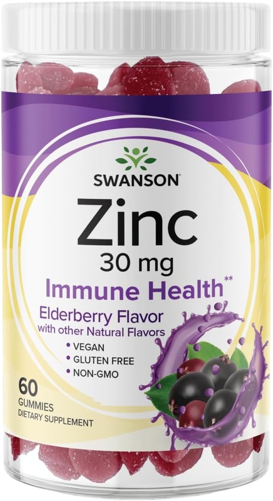 Swanson Zinc Gummies - All Natural ויטמין תוסף לקידום פעילות אנטי-חמצן & Bodily Defense - מסייע לתמוך במערכת החיסון שלך וגוף בריא - (אלדרברי, 60 מסטיקנים)