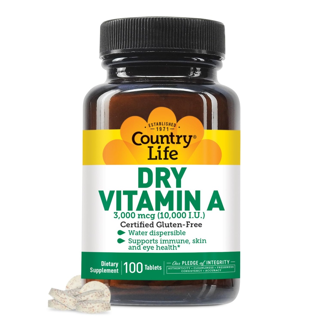 המדינה חיים ויטמין A 10,000 IU - Immune Support, Skin & Eye Health תוסף, מוסמך Gluten-Free, טבעוני, חלל, כשר, 50% Beta-Carotene ו-50% Retinyl Palmitate, Easy Absorption - 100 טבליות