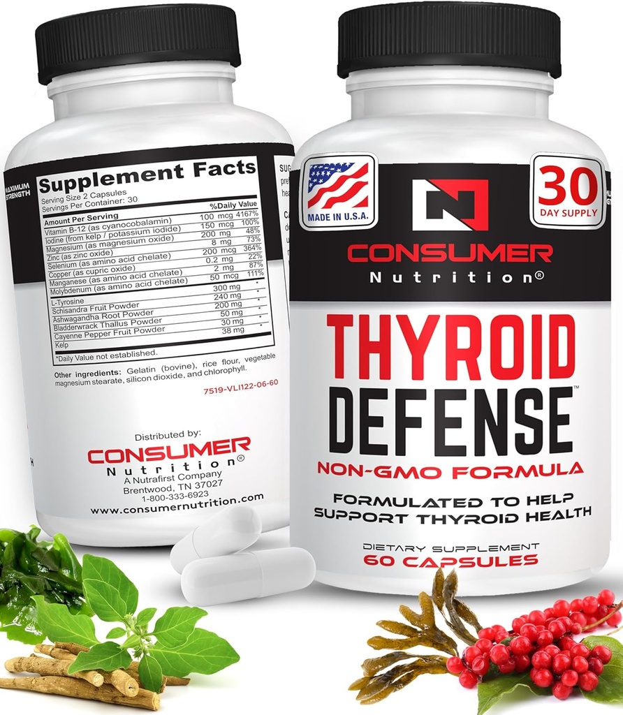 תמיכה Thyroid לנשים וגברים - Ashwagandha, קייאן, Schisandra, & Kelp לבריאות Thyroid - Zinc, ויטמין B12 & Iodine תוספים עבור Thyroid - Thyroid Defense 30 קפסולות