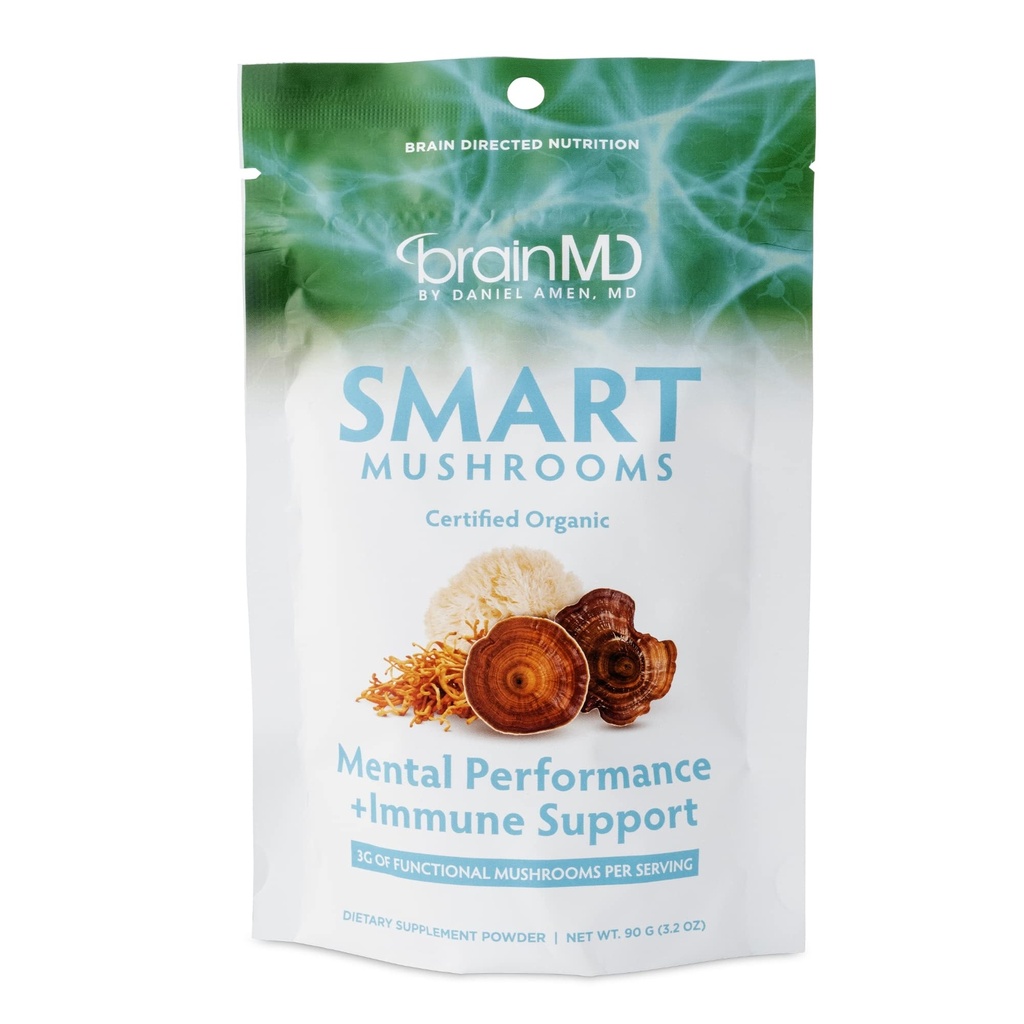 BRAINMD ד"ר Amen Smart Mushrooms - 3.2 oz - ביצועי נפש + Immune Support - טבעוני, GMO חינם, Gluten Free - 30 משרתים