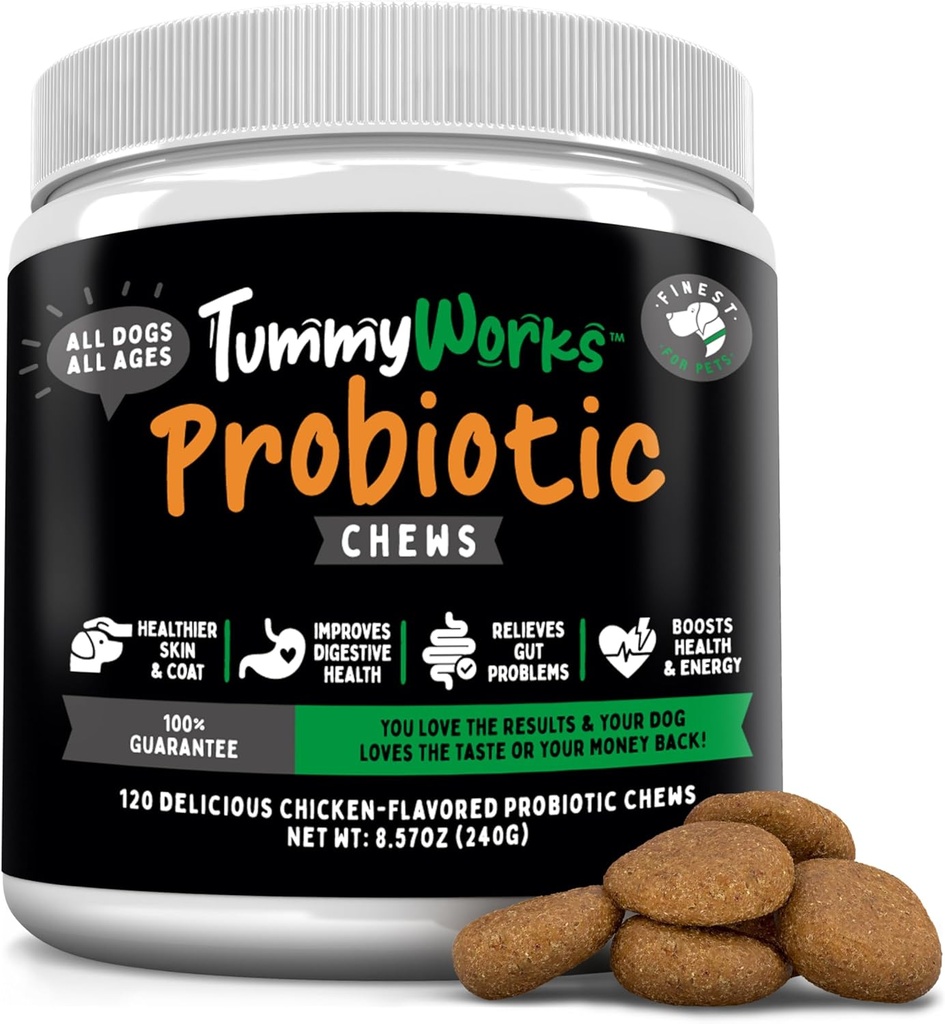 TummyWorks Probiotic 120 צ'אדות רכה לכלבים כל ימי הביניים - תומך בבריאות העיכול, Relieves Diarrhea, Constipation, Good for Itching, Allergies, Yeast זיהומים. Enzymes, Made in USA