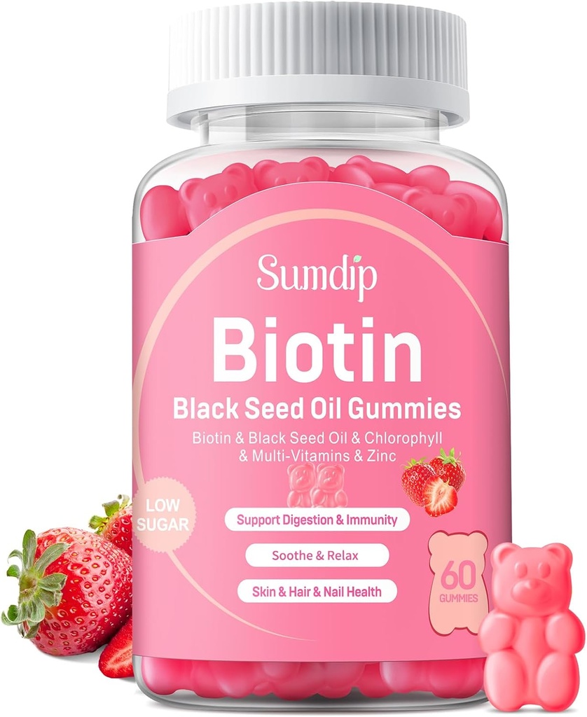 Black Seed Oil Gummies עם ביוטין, Immune תומך שיער בריא & Skin & Nils עבור נשים וגברים, Chlorophyll, Zinc, ויטמין A, B6, B12, C, D, תוסף טבעוני - 60 מסטיקנים טבעוניים