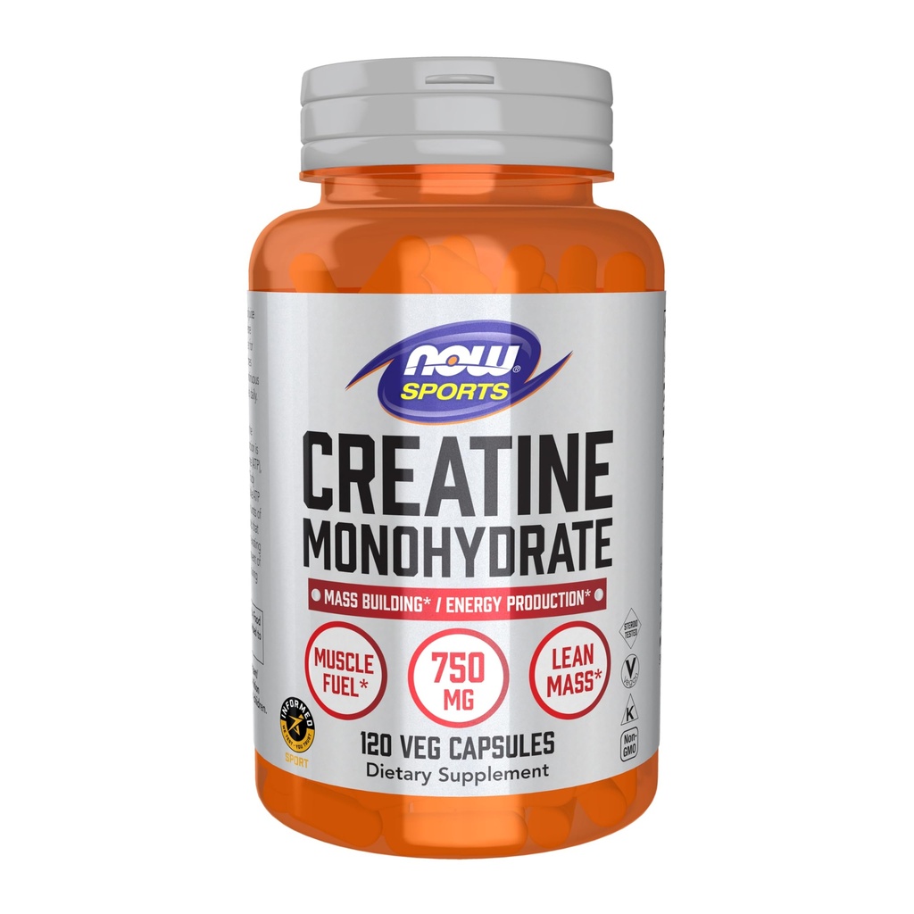 Now Foods Sports Nutrition, Creatine Monohydrate 750 מ"ג, Mass Building */Energy הפקה*, 120 קפסולות Veg
