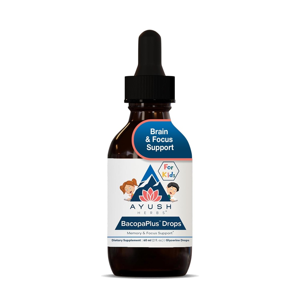 Ayush Herbs BacopaPluss לילדים - ילדים להתמקד ותוסף תשומת לב עם Bacopa, Ashwagandha, גינקו, תמיכה המוח והזיכרון, רכיבים אורגניים - 2 Fl Oz (80 משרתים)