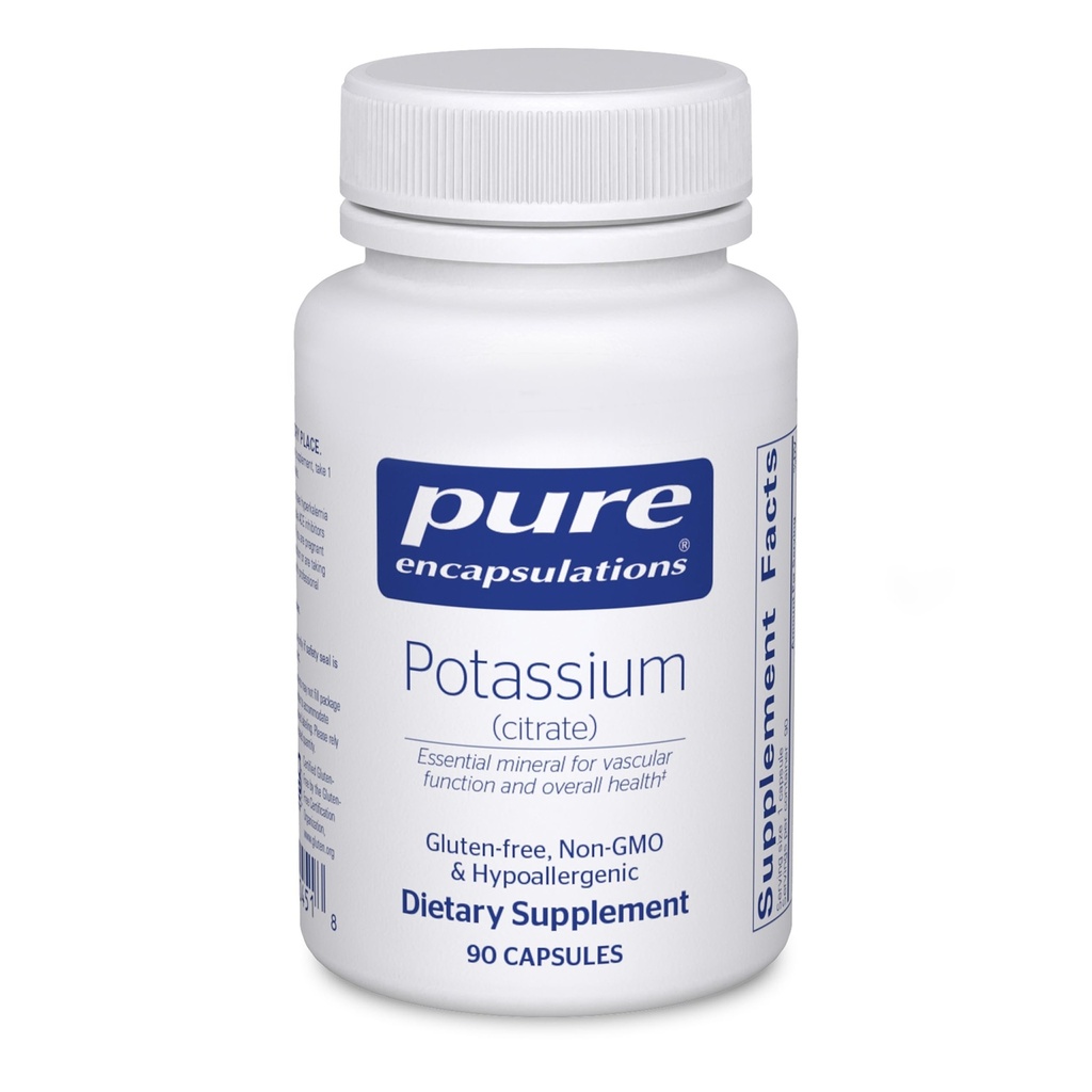 Pure Encapsulations Potassium (Citrate) - תוסף אלקטרוליטי חיוני לתמיכה בתפקוד עצבי ושרירים, Adrenals, הורמונים, בריאות לב ואנרגיה * - קפסולת Citrate - 90 קפסולות