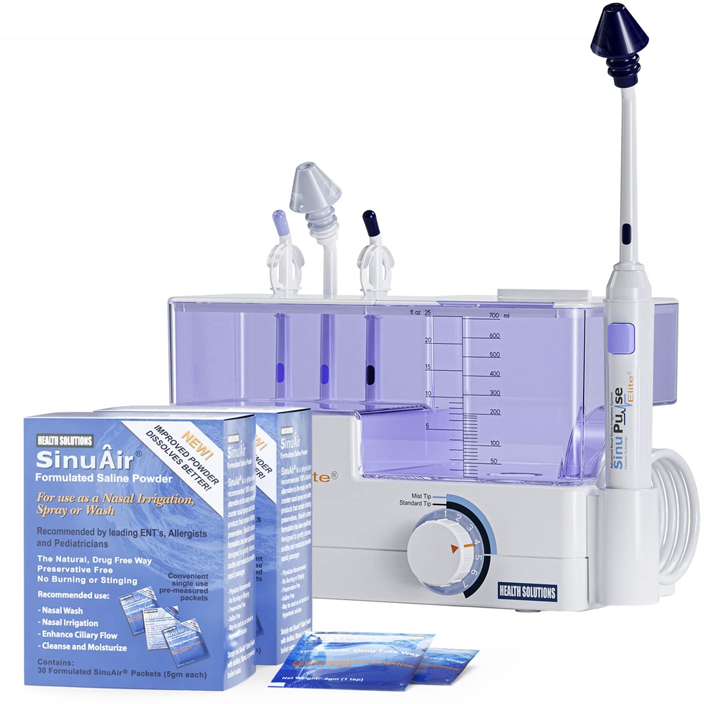 SinuPulse Elite Advanced Nasal Irrigation System - Pulsating Sinus Voyageestion Relief & Sinus Rinse Machine, יותר יעיל מ Neti Pot, Nose Spray או Nasal Wash בקבוק, עם 90 SinuAir Packets