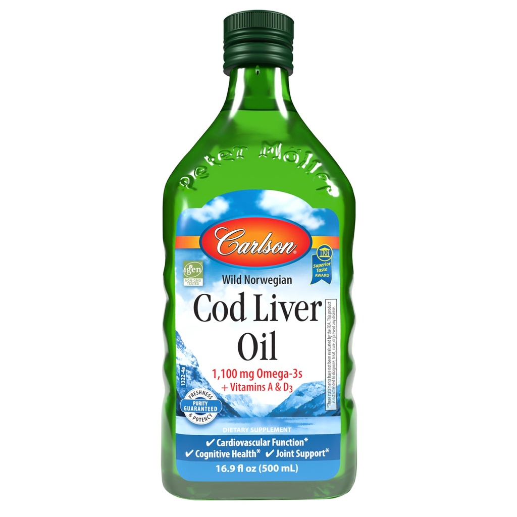 קרלסון - Cod Liver Oil, 1100 מ"ג אומגה 3, Wild-Caught Norwegian Arctic Cod-Liver Oil, Sustainably Sourced Nordic Fish Oil נוזלי, Unflavored, 500 מ"ל (16.9 Fl Oz)
