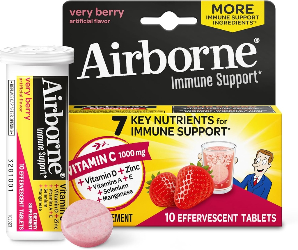 ויטמין C 1000 מ"ג (per Serve) - Aטיס מאוד ברי Effervescent Tablets (10 Count in a Box), Gluten-Free Immune Support Supplement, עם ויטמינים A C E, ZINC, Selenium, Echinacea & הג'ינג'ר