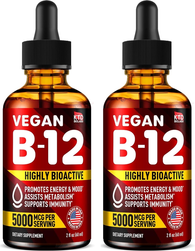 חבילה של 2 - B12 sublingual 5000 mcg Drops - מיוצר בארה"ב - ויטמין B12 טבעוני לאנרגיה, Mood & Memory - Highly bioavailable Sublingual Drops - Methyhydrobalamin for Women & Men - 2 fl. oz.