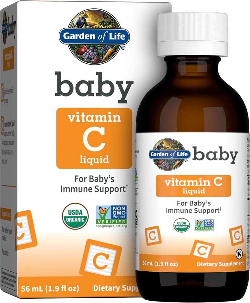 גן החיים Baby ויטמין C טיפות עבור תינוקות ופעוטות, אורגני Whole מזון נוזלי ויטמין C 45 מ"ג תמיכה עבור תינוקות מפירות Amla, Citrus Flavor, Vegan & Gluten חינם, 56 mL (1.9 floz)