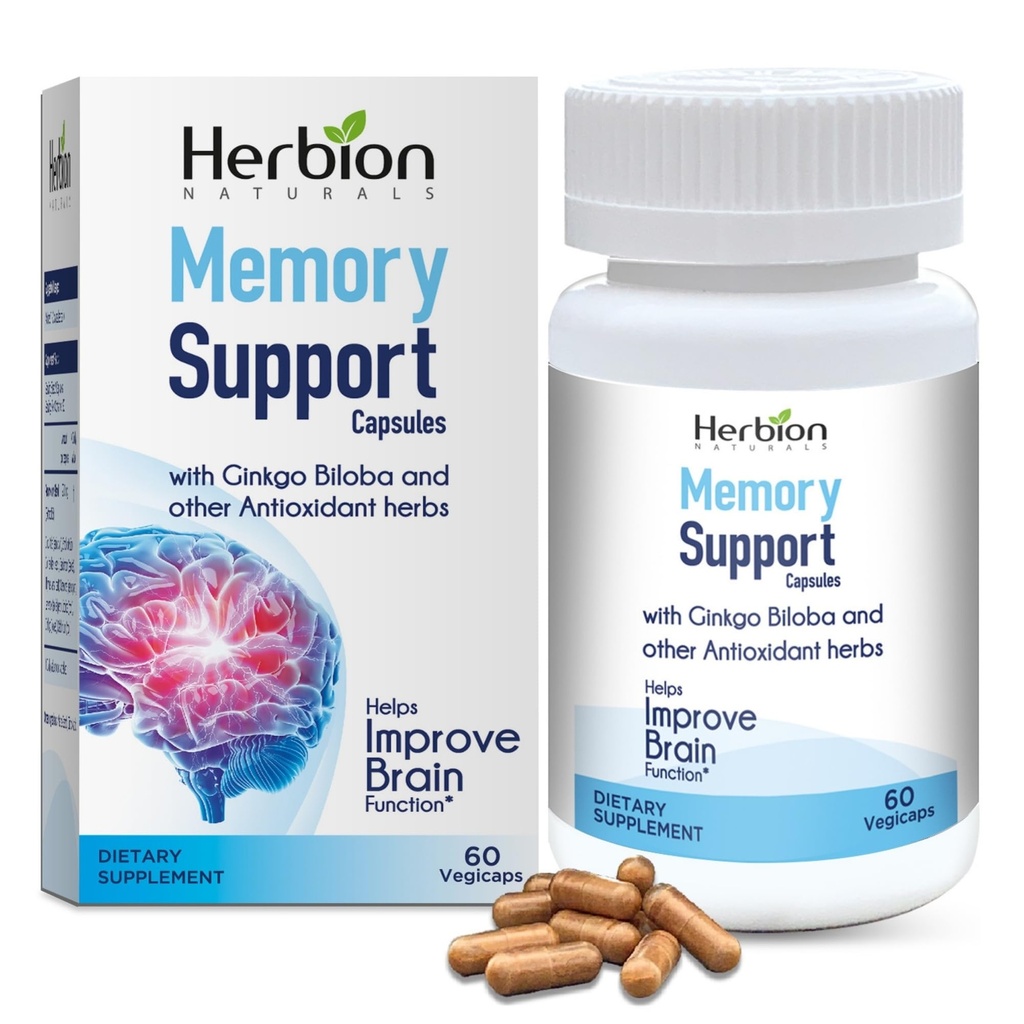 HERBION Naturals Memory Support קפסולות, מסייע לשפר את תפקוד המוח ואת השכלתו המוחלטת, לשמור על רמות בריאות של Mood עם ג'ינקגו בילובה, עבור מבוגרים, 60 הרוזן, Pack של 1