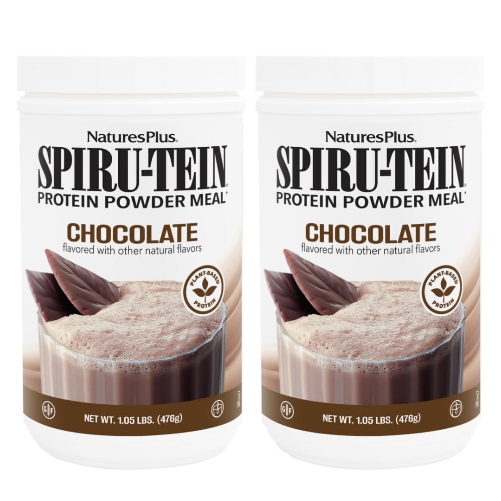 NaturesPlus SPIRU-TEIN, שוקולד - 1.05 lbs, Pack of 2 - Plant-based Protein Shake - non-GMO, Vegetarian, Gluten Free - 34 Totalשרתים