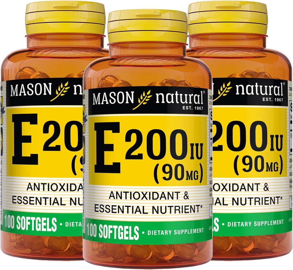MASON NATURAL ויטמין E 90 מ"ג (200 IU) - Antioxidant and Essentialent, מערכת החיסון לבריאות, עור ועיניים, תוסף גוף שלם, 100 Softgels (Pack of 3)