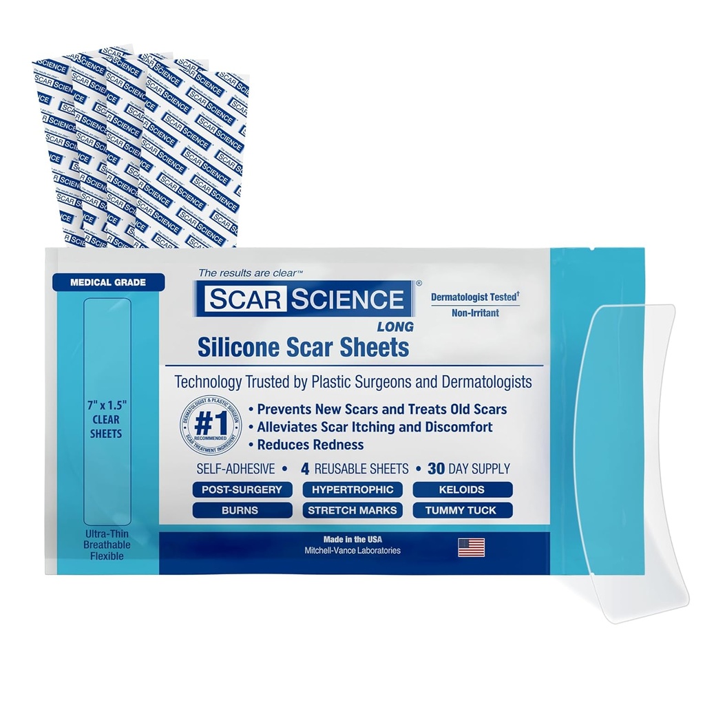 דרגה רפואית Silicone Scar Sheets - 7 "Reusable Water-Resistant Silicone Tape for Scars - Clear Breathable Tape for C-Section, Tummy Tuck, Surgical Scars, and Keloids - 4Pack