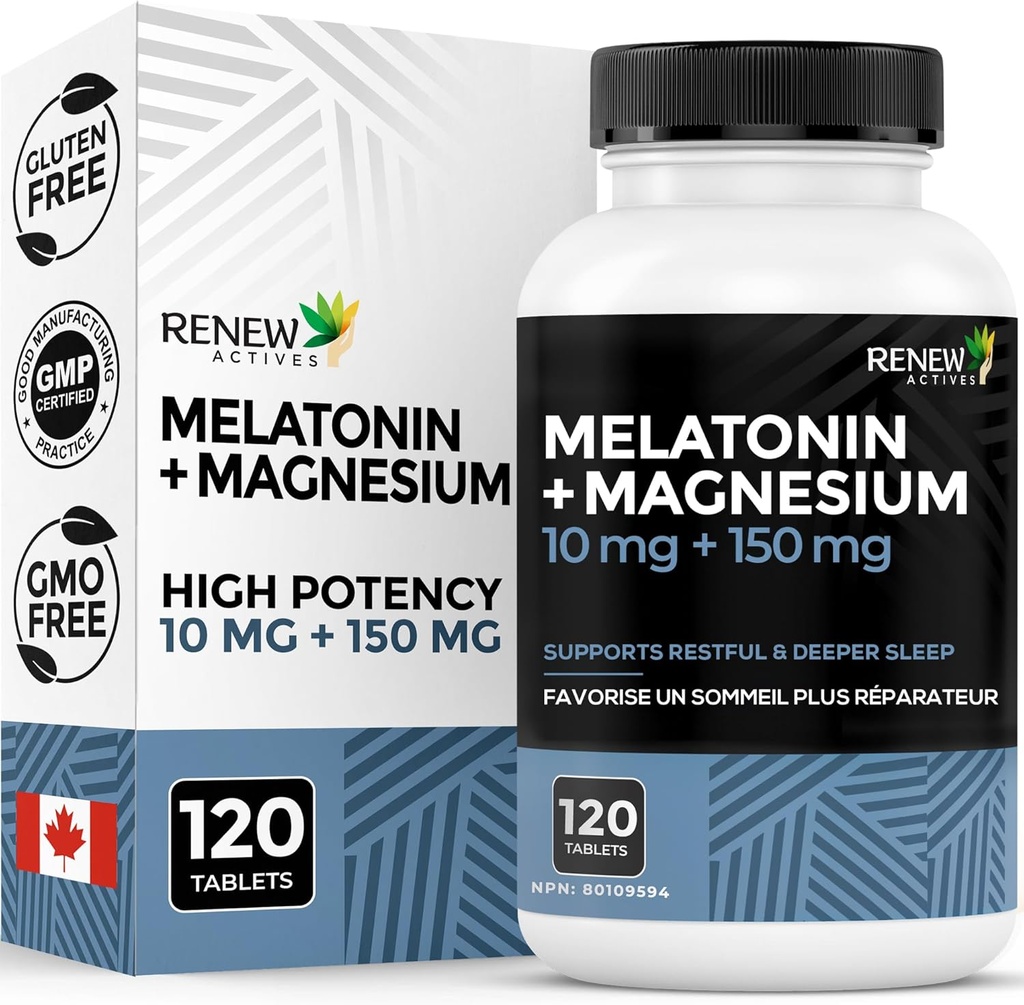 ReNEW ACTIVES Melatonin 10MG עם Magnesium 150MG Sleep Aid לכל משרת - תמיכה בשינה, Jet Lag הקלה, Tissue Formation & Electrolyte Balance for Restful Sleep - Made in Canada - 120 קפסולות