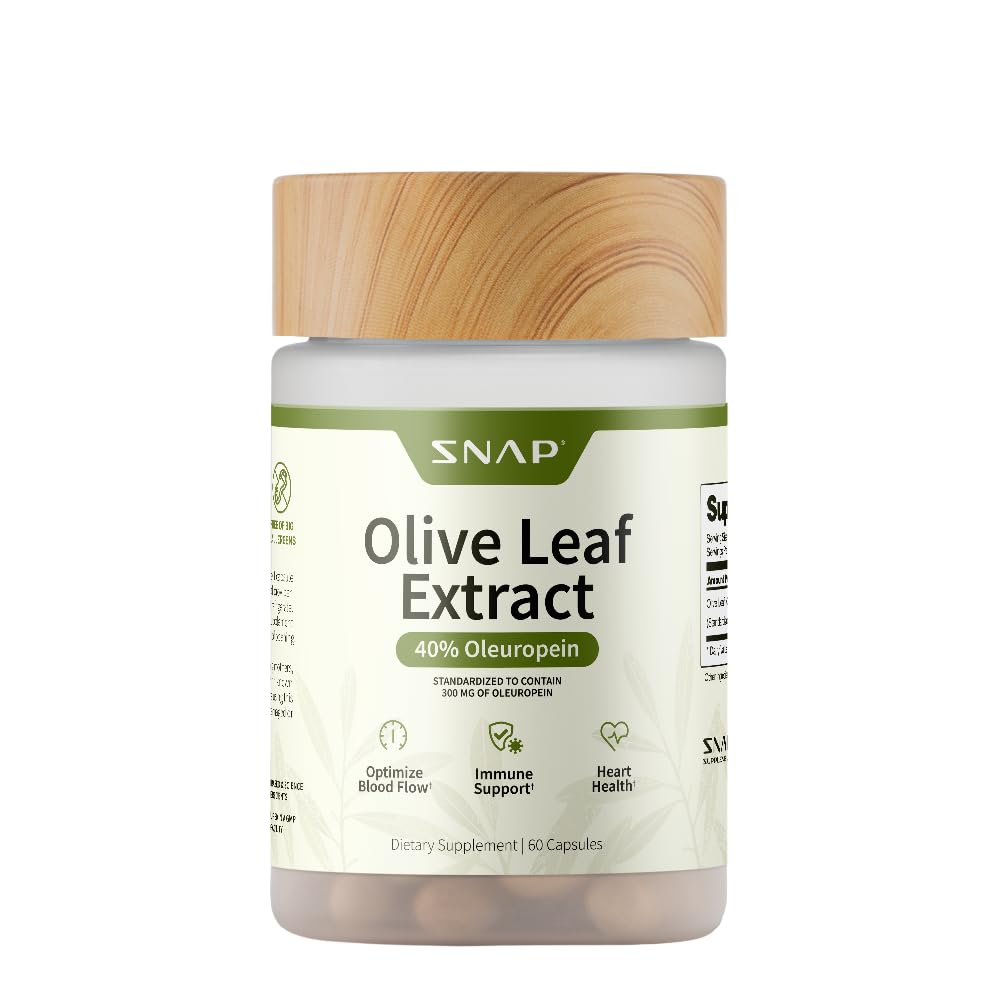 תוספי Snap Supplements Olive Leaf Extracts - Super Power 40% Oleuropein for Blood Flow Support, שיפור העיכול, Antioxidant Boost תוסף, שיפור תפקוד המוח (60 קפסולות)