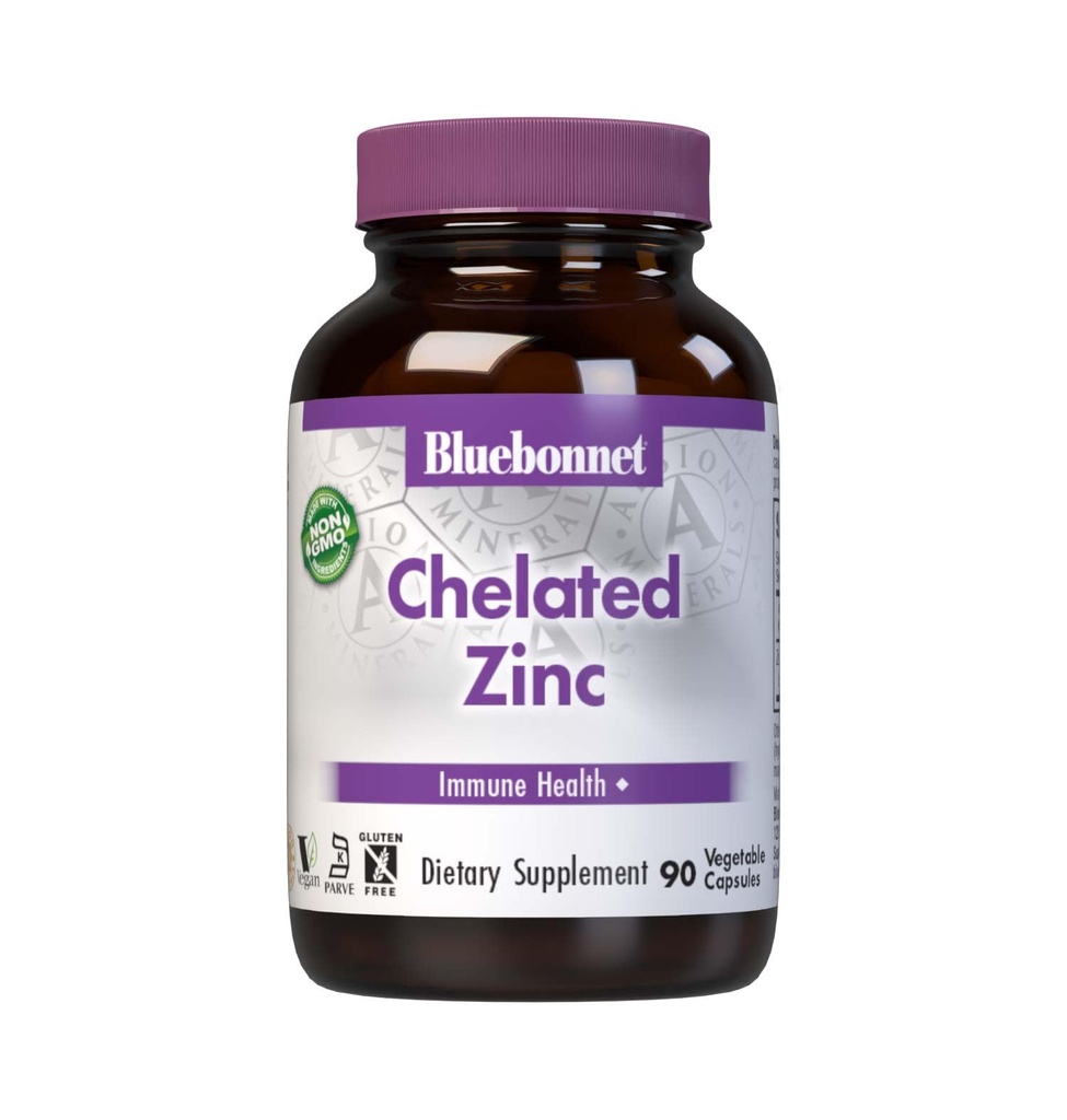 Bluebonnet Nutrition Albion Chelated Zinc, For Immune Health & Enzyme Function*, Soy-Free, Gluten-Free, non-GMO, מוסמך כשר, ללא חלב, טבעוני, 90 קפסולות ירקות, 90 לשרתים