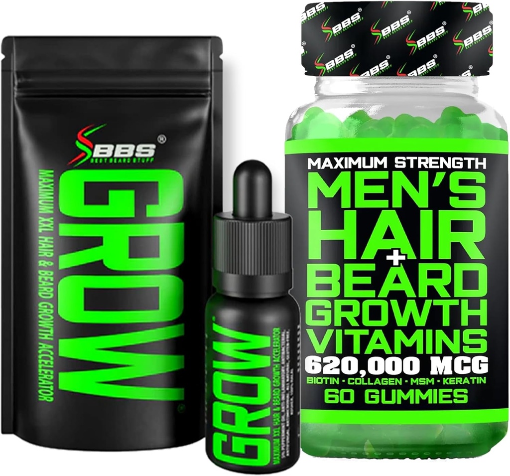 Beard Growth Kit w/Grow XXL Beard Oil/Serum for Facial Hair Growth for Men + Maximum Strength 620,000mcg 14-in-1 BIOTIN Facial Hair Growth Vitamins for Men - Formulated in America