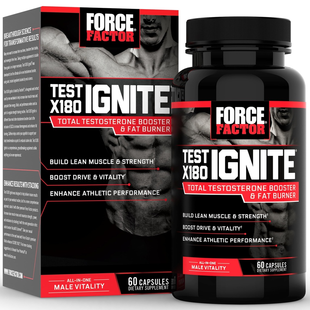 מבחן FACTOR X180 Ignite Total טסטוסטרון Booster עבור גברים עם Fenugreek Seed ו- Green Tea Extractd כדי לבנות שריר Lean, Boost Energy, ולשפר ביצועים, 60 הרוזן