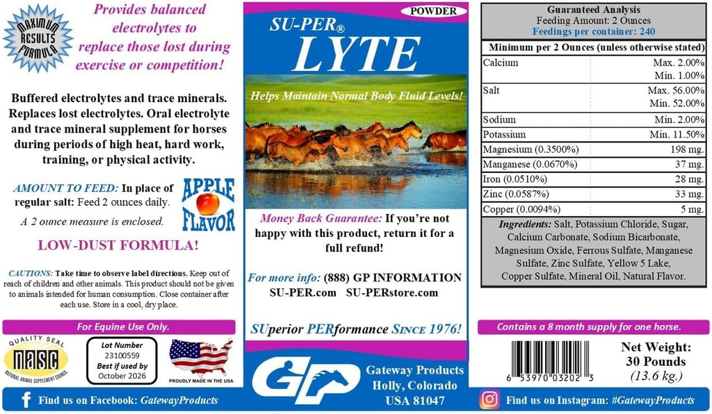 SU-PER Lyte Horse Electrolyte תוסף - מסייע לשמור על רמות פלויד נורמליות של הגוף - מינרלי סוסים ואלקטרוניקה ביצועים - 30 פאונד, 8 חודשים אספקה