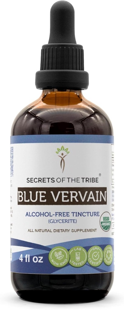 סודות של השבט Blue Vervain USDA אורגני | מזון ללא אלכוהול, High-Potency Herbal Drops | עשוי מ-100% מוסמך אורגני כחול ורווהין (Verbena Hastata) Dried Herb (4 oz)