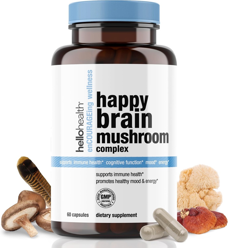 Happy Brain Mushroom Complex Nootropics Brain Support Supplement, 10 Mushroom תוסף: Lions Mane, טורקיה Tail, Red Reishi, Shiitake Mushrooms for Improved Clarity, Energy, Immune Support 60ct.