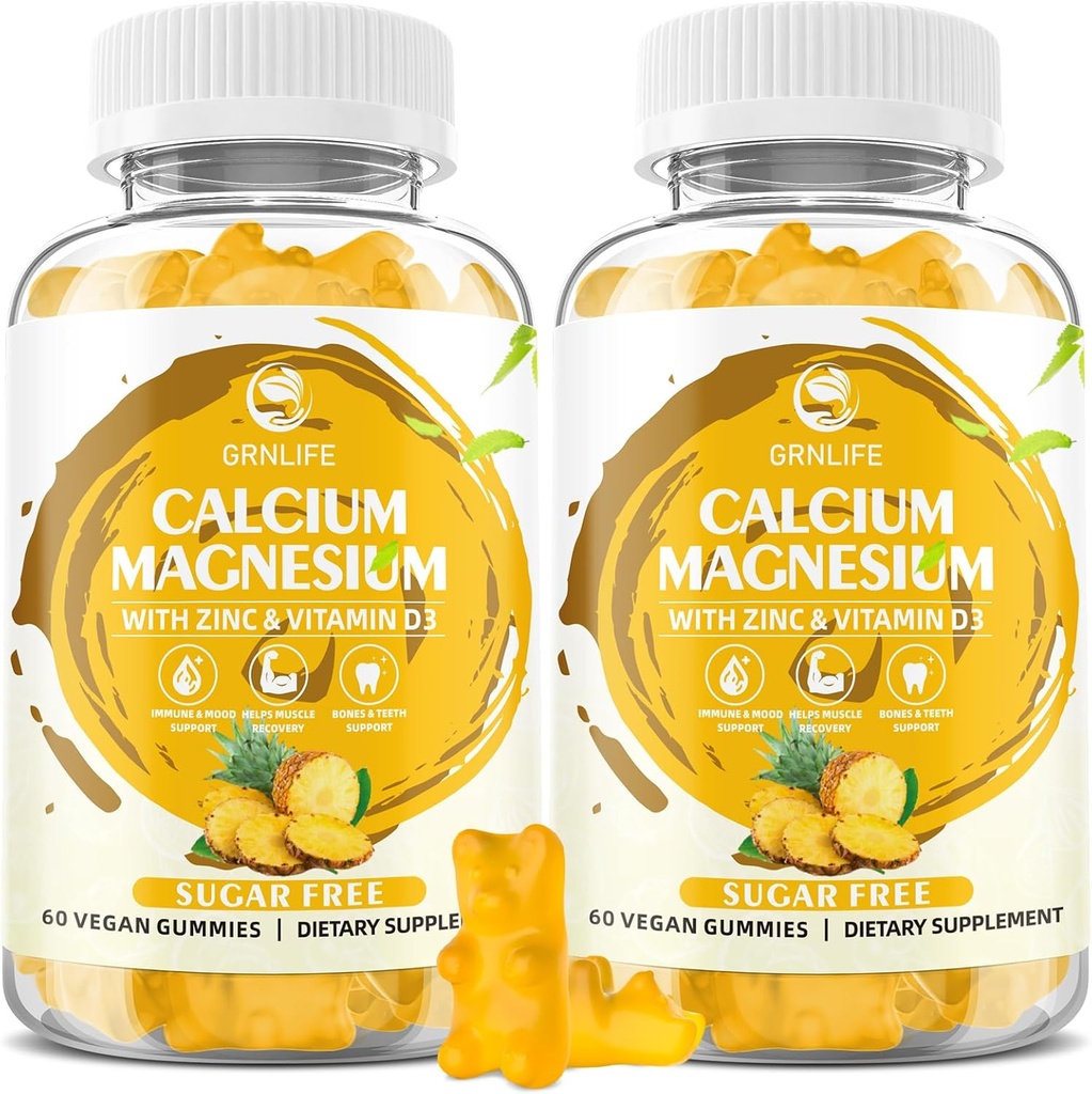 Calcium Magnesium Zinc Gummies עם ויטמין D3, סוכר חינם Calcium Gummies עבור נשים גברים, גבוה תפוחי אדמה מגנזיום עבור העצם & שריר ובריאות החיסון, Pineapple Flavor - 120 ספירה