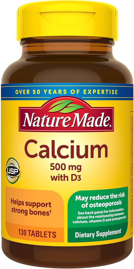 הטבע עשה Calcium 500 מ"ג עם ויטמין D3, תוסף תזונתי לתמיכה העצם, 130 טבליות